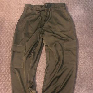 Olive satin cargo pants